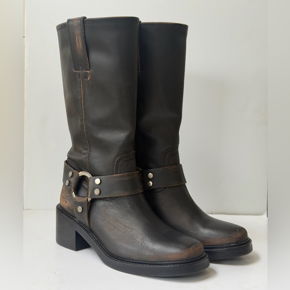Frye Dark Brown Leather Harness Heeled Mid-Calf Boots